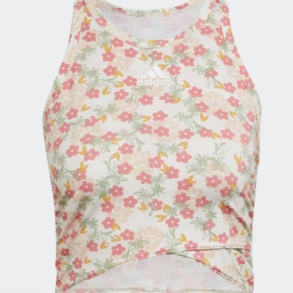 Adidas Olive Green Flower Pattern Cropped Tank Top - Picture 5 of 5
